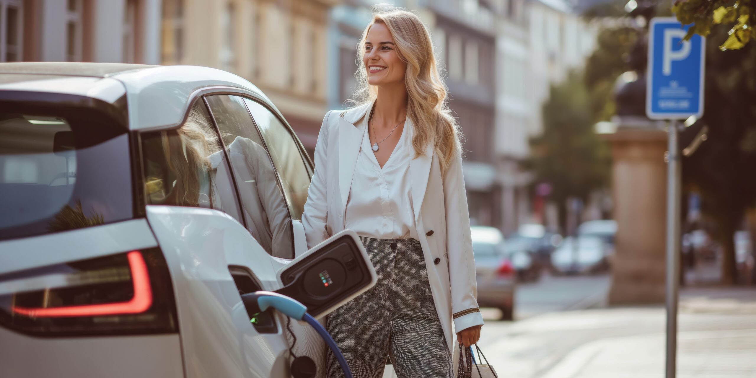 A stylish woman in a city is recharging her electric car at a station, showcasing contemporary sustainable living. This exemplifies the ecoconscious urban lifestyle and modern technology