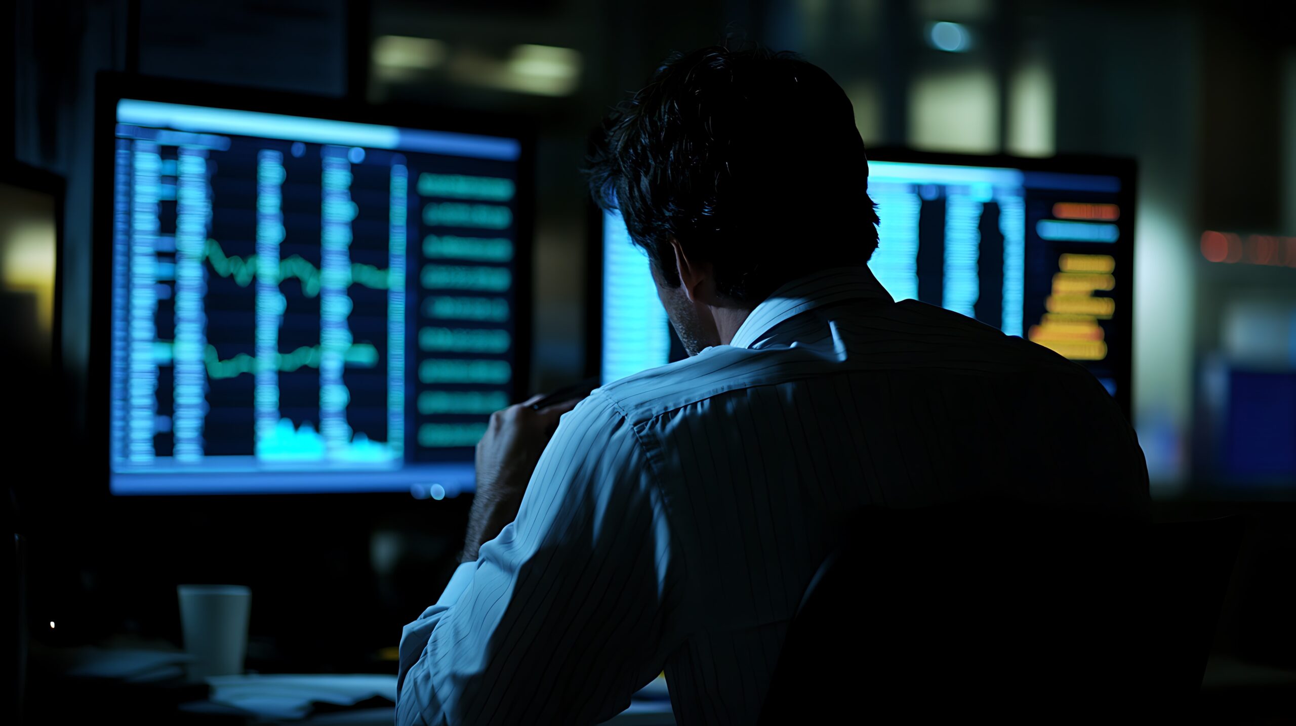 A man is sitting in front of two computer monitors, one of which is displaying a stock market graph. He is focused on the screen, possibly making a decision about his investments