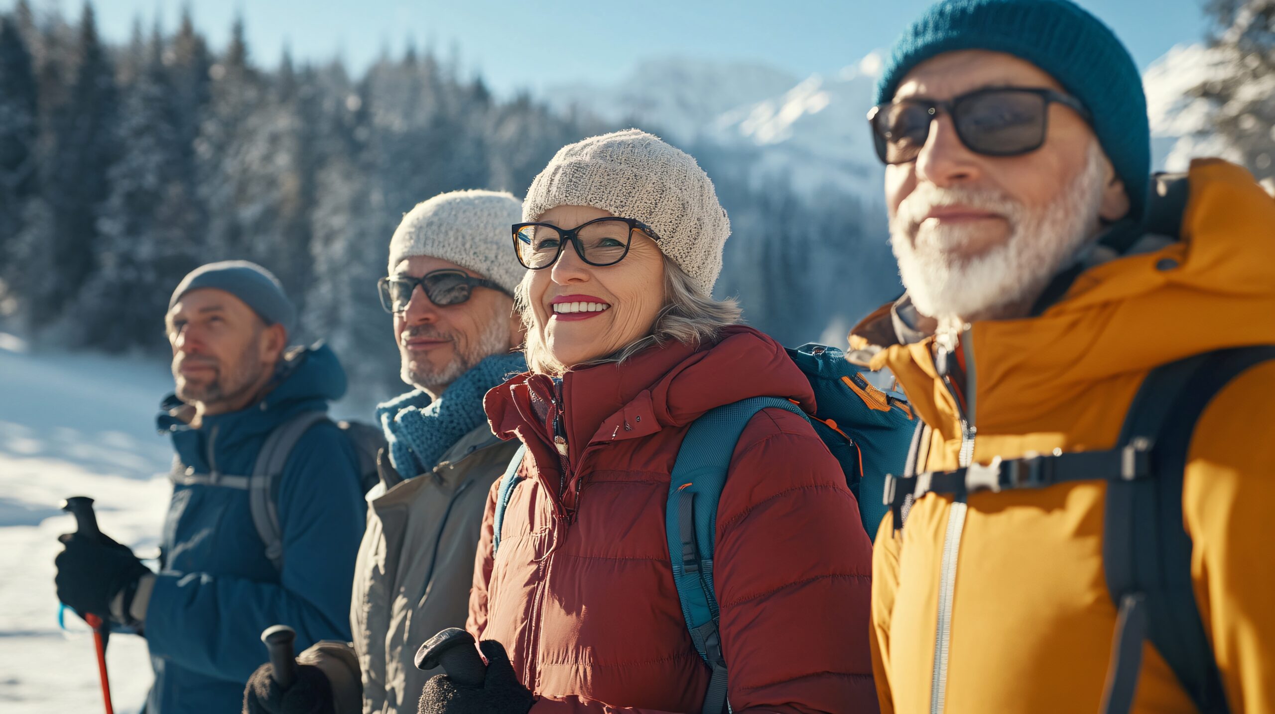 Hikers with backpacks and trekking poles enjoying a winter mountain view